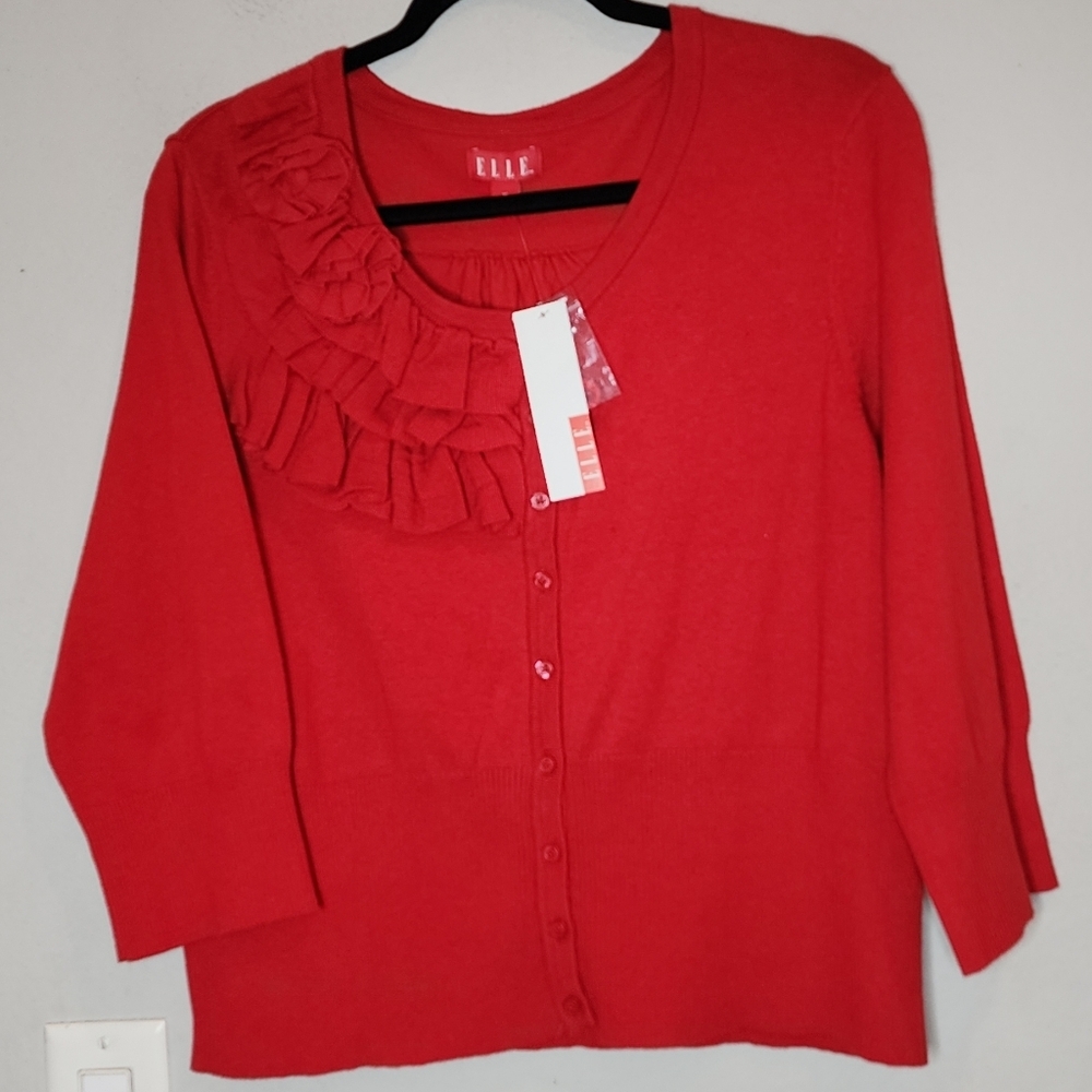 NWT Elle Red Ruffle Button Cardigan Sweater 3/4 Sleeves Size XL Holiday
